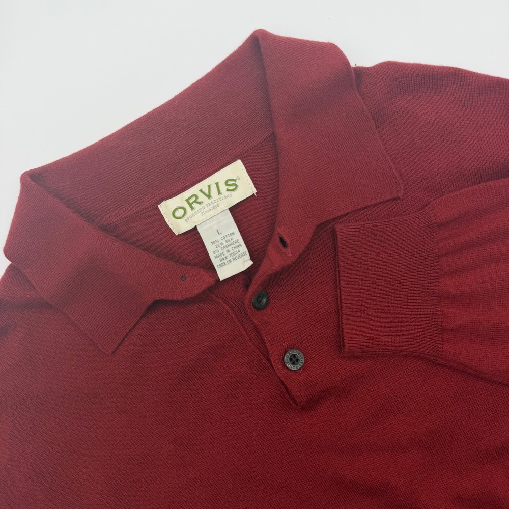 Orvis Mens Cotton Silk Cashmere Long Sleeve Polo Sweater Burgundy Red Large